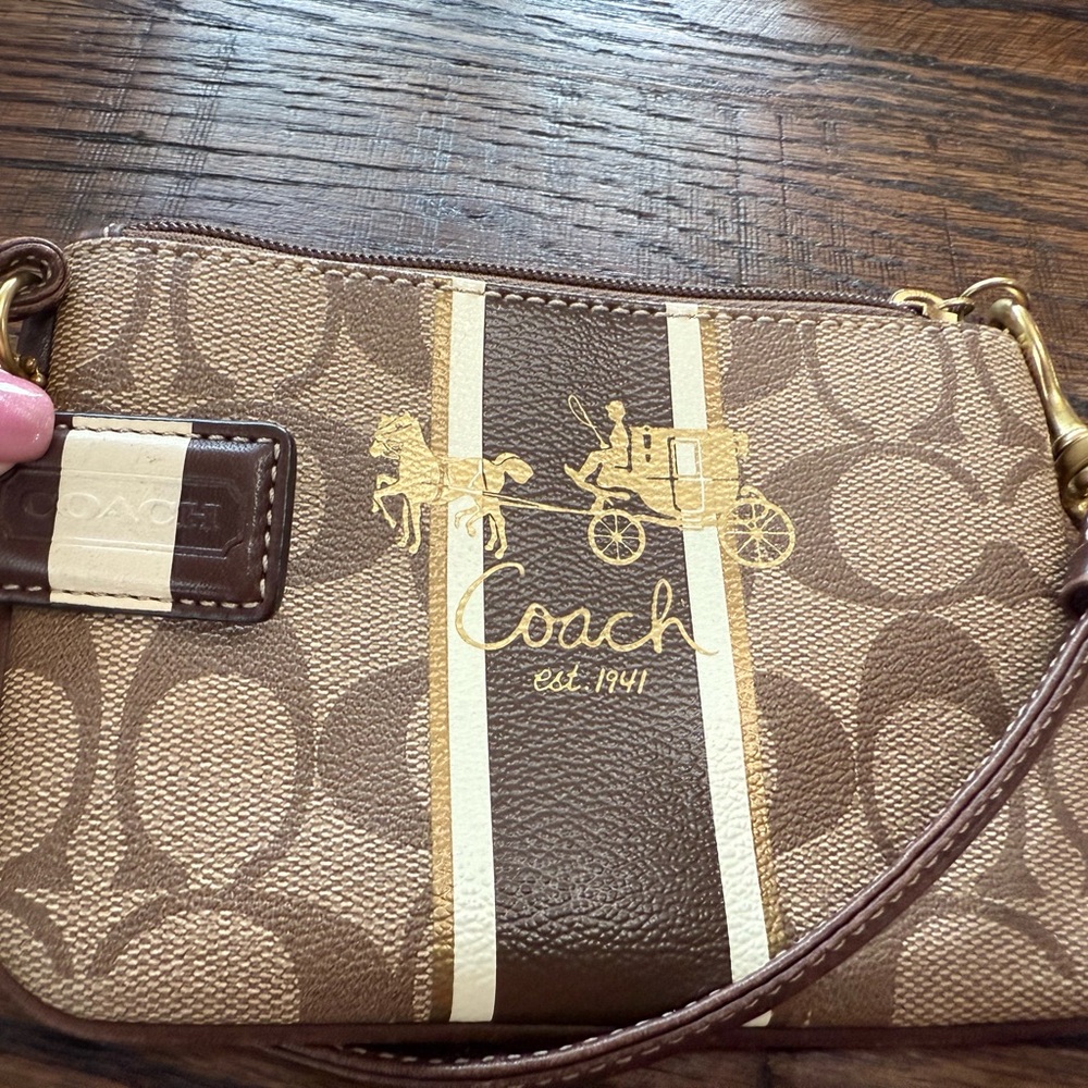 Coach Signature Stripe Wristlet – Brown Monogram with Gold Carriage Logo